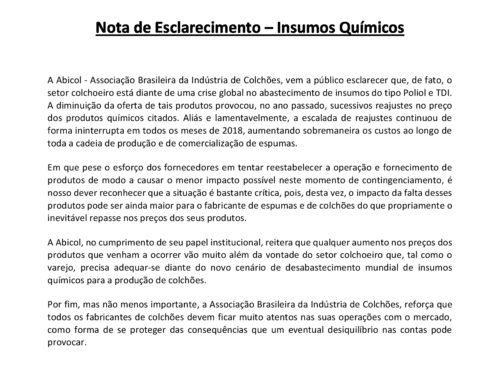Nota de Esclarecimento – INSUMOS QUÍMICOS